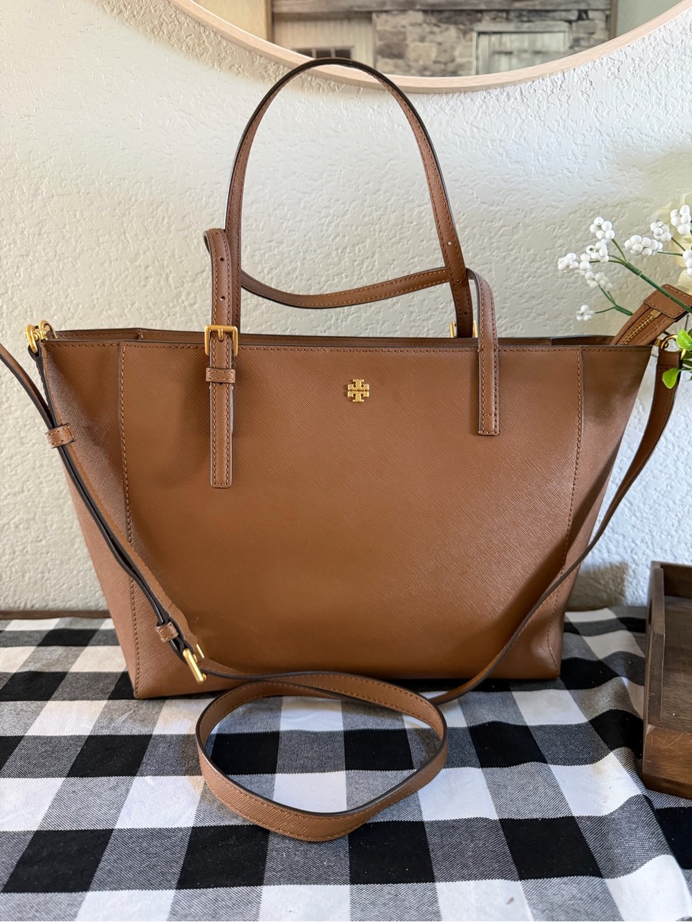 Tory Burch Chestnut Brown Leather Tote with Gold Logo